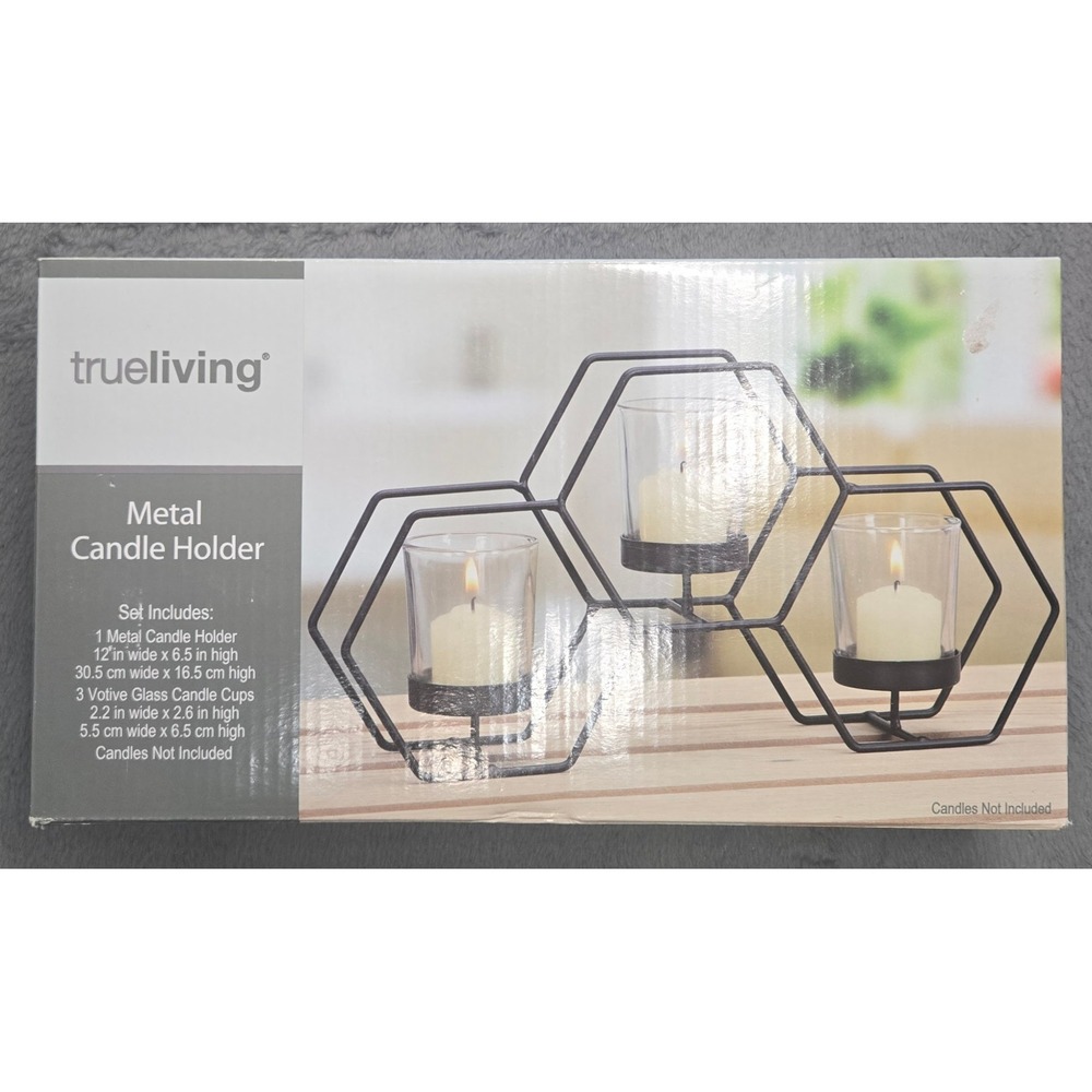 True Living Metal Candle Holder Set 3 Votive Glass Cups Geometric Hexagon Black